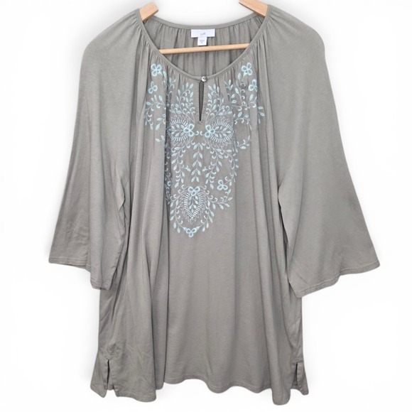 J. Jill Tops - J Jill Top Womens XL Green Embroidered Keyhole Neck Peasant Blouse 3/4 Sleeve